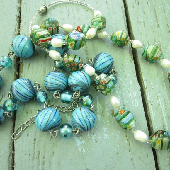 2 glass bead necklaces in green, 1 millefiori, 1 modern, wear or repurpose - Picture 10 of 10